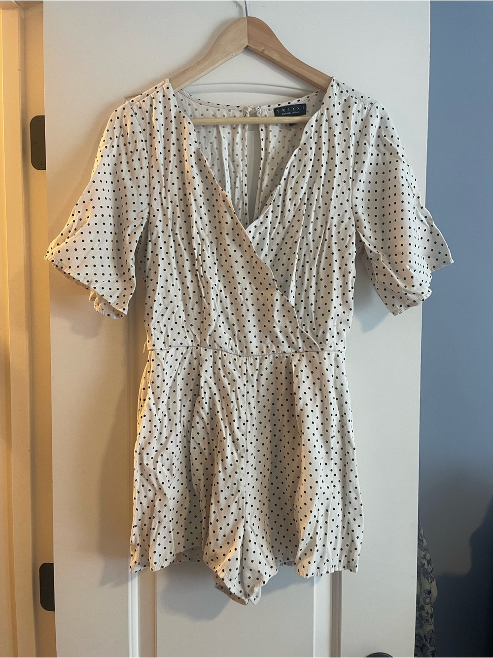 Trixxi Polka Dot Wrap-Front Women's Romper - Ivory/Black